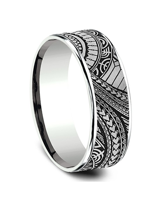 Gentlemen's Polynesian Style Thin Edge Comfort Fit Band in White Gold and Titanium